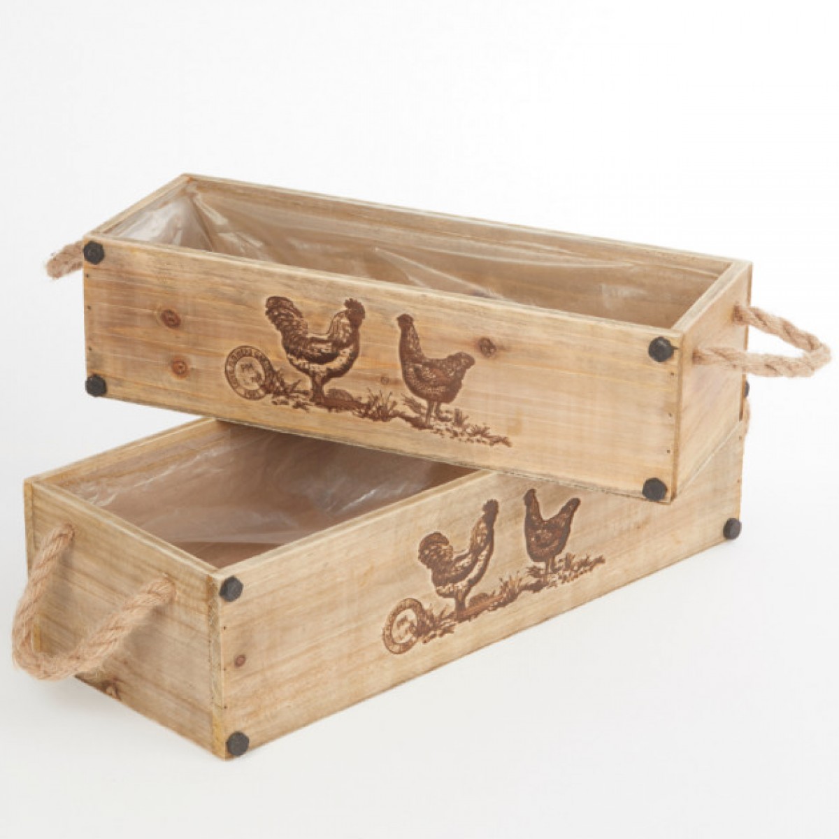 5301 Wooden Box Lined With Rope Handle- Set of 2