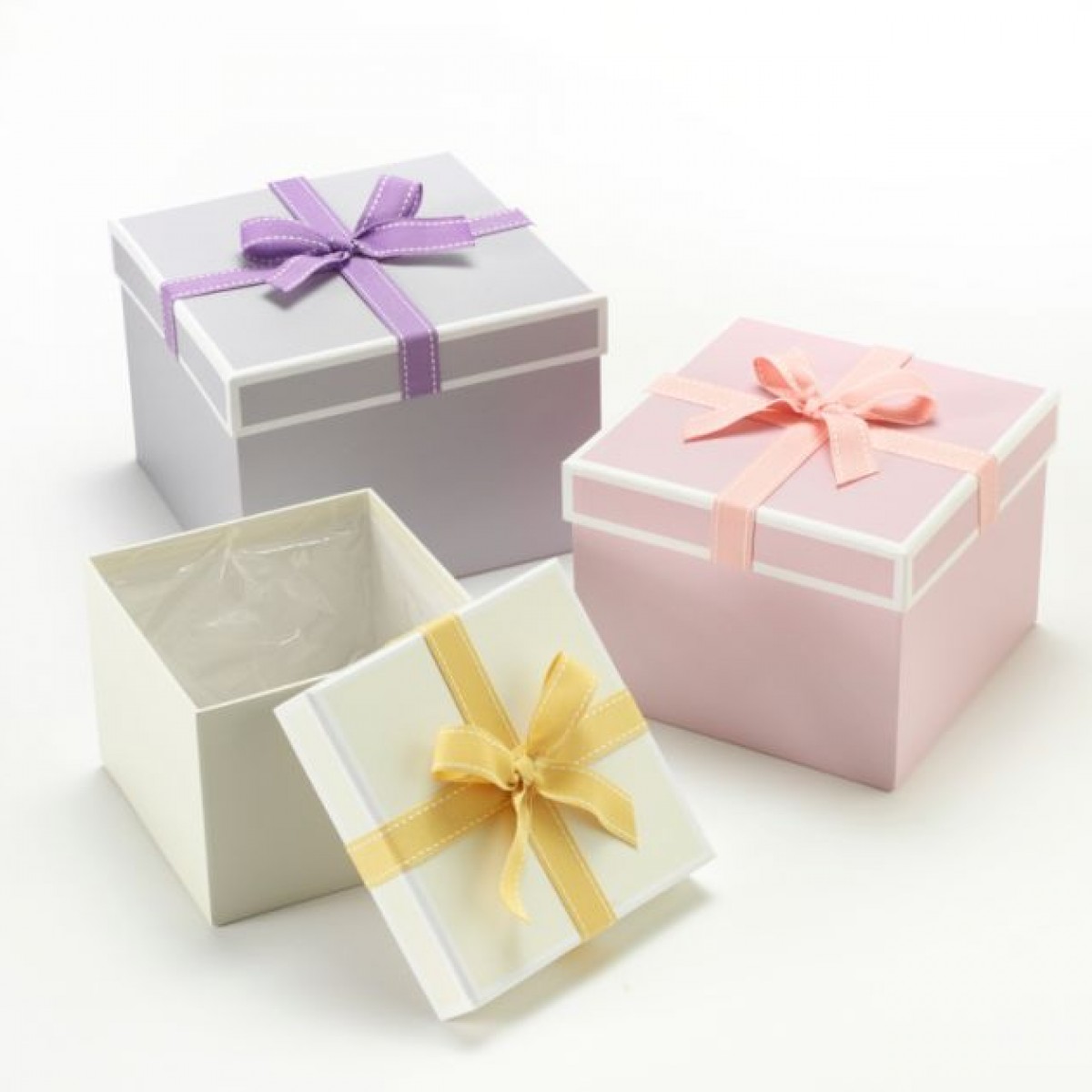 5025 Grey/Pink/Cream (12 Sets) Square Paper Gift Box With Bow Lined