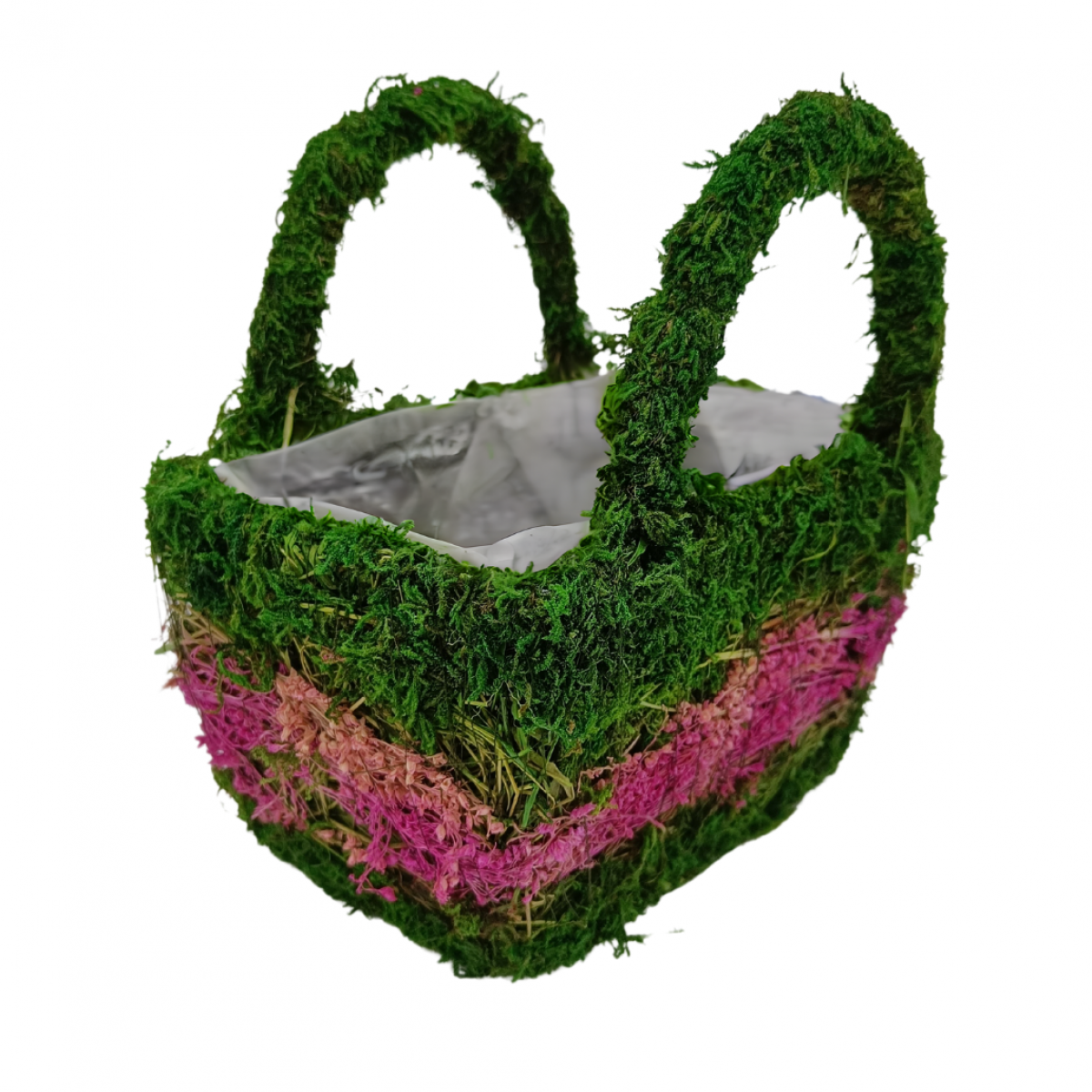 5525 Basket Pink & Green Lined (1 no) 18x11x18cm Moss with Handle