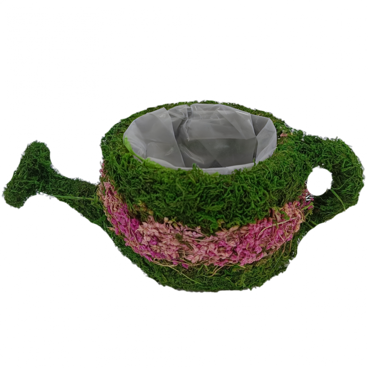 5527 Sprinkling Can (1 No) 29x15x13cm Pink & Green Lined Moss Basket with Handle