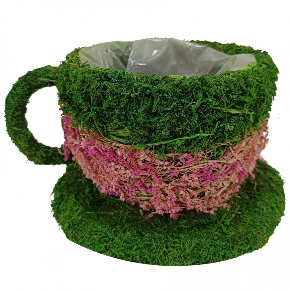 5526 Tea Cup Pink & Green Lined (1 no) 24x21x14cm Moss Basket