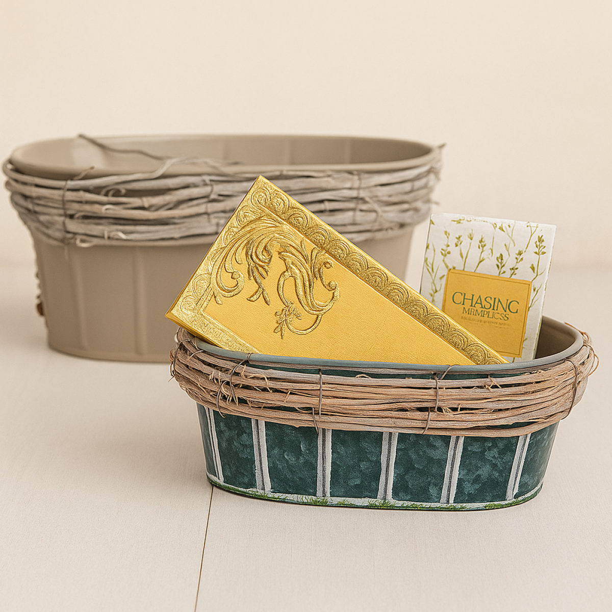 Tin Oval Containers with Twigs For Fresh Flowers & Gift Hampers 18 x 11 x 9cm - 1 No